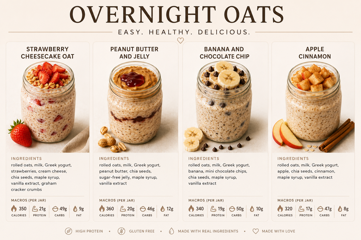 High Protein Overnight Oats Made with gluten-free oats, Greek yogurt, chia seeds, and fresh ingredients for a delicious, protein-packed breakfast that’s ready when you are.